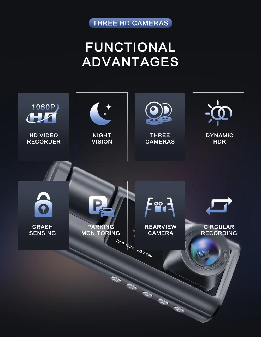 Dash Cam with IR Night Vision, featuring loop recording and a 2-inch IPS screen